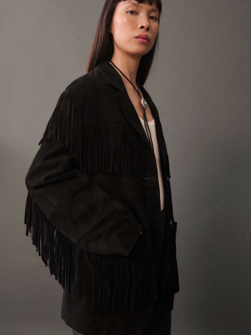 Mango 100% Leather Black Fringed Suede Jacket